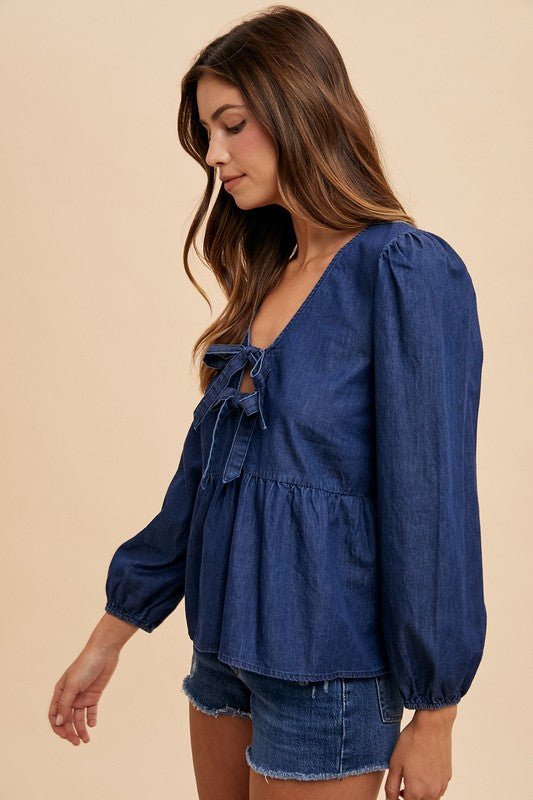 Annie Wear Tie Front Peplum Long Sleeve Denim Top - Robbi & Angel