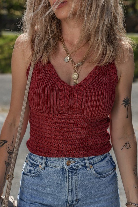 Burgundy Cable Knit Pointelle Slim Sweater Vest - Robbi & Angel