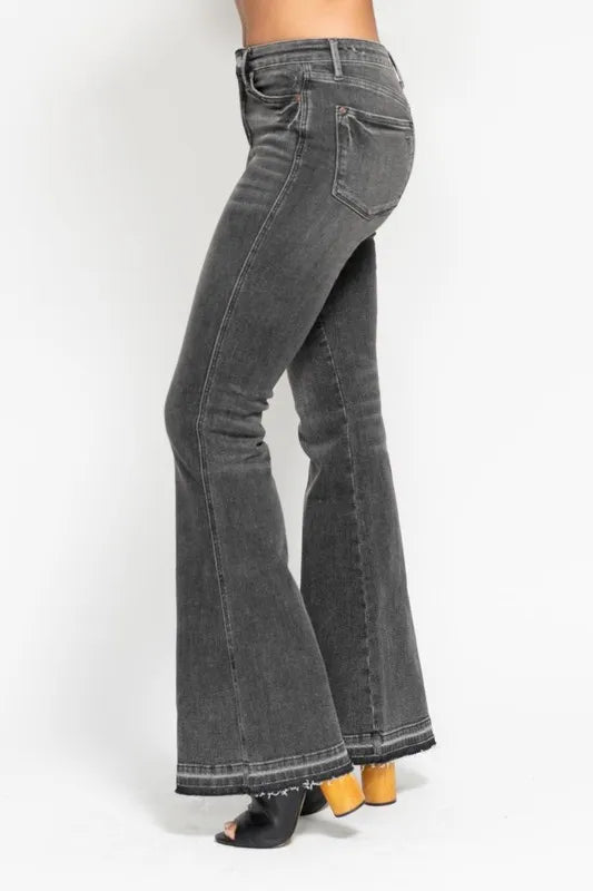 Judy Blue Full Size Mid Rise Tummy Control Washed Gray Release Hem Flare Jeans Plus Size - Robbi & Angel