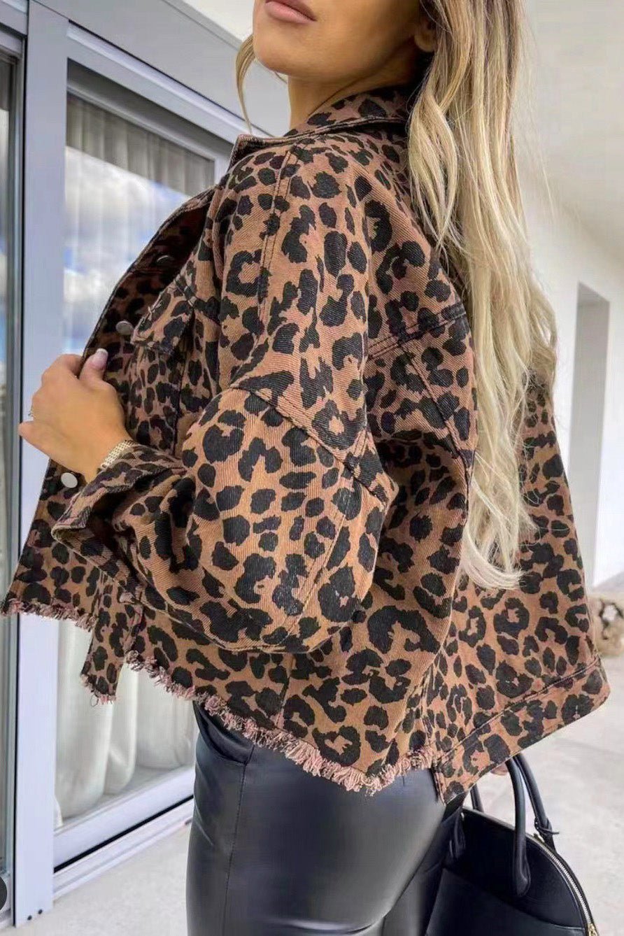 Leopard Raw Hem Denim Jacket - Robbi & Angel