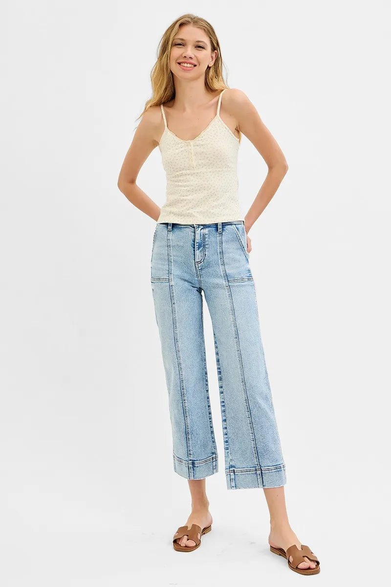 RISEN Full Size High Rise Crop Wide Front Seam Detailed Jeans Plus Size - Robbi & Angel