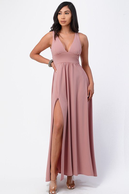 dull tricot deep V neck A line dress - Robbi & Angel