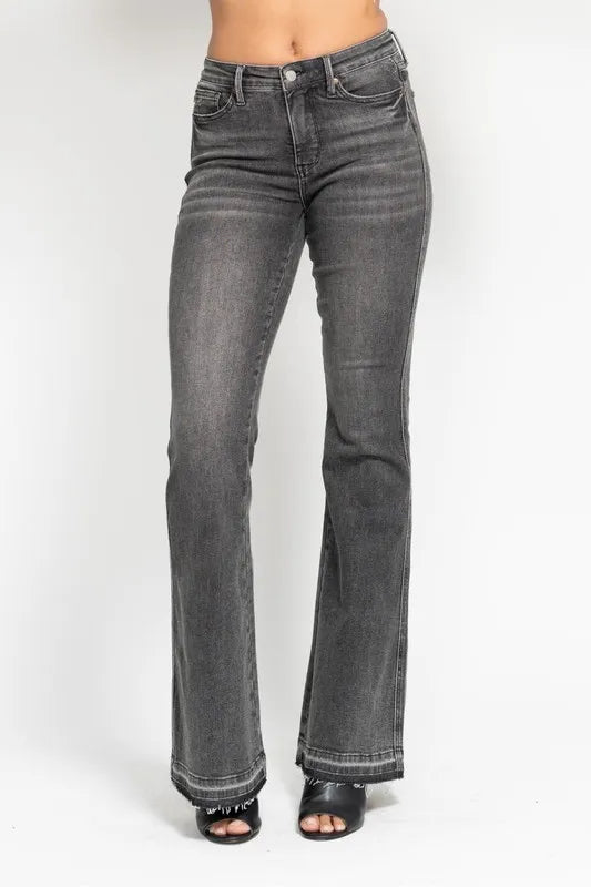 Judy Blue Full Size Mid Rise Tummy Control Washed Gray Release Hem Flare Jeans Plus Size - Robbi & Angel