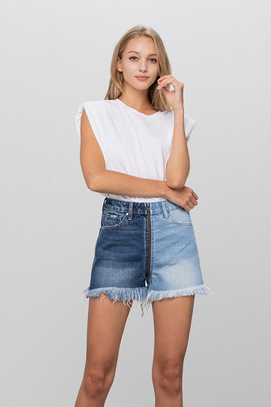 ZIP CODE TWO TONE PREMIUM DENIM SHORTS - Robbi & Angel