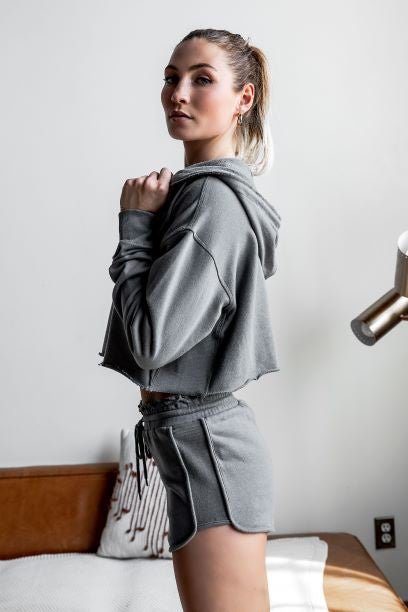 Grey Raw Edges Cropped Hoodie and Bottom Sets - Robbi & Angel