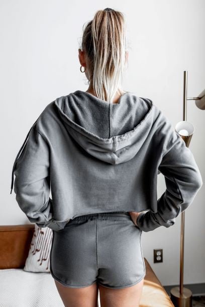 Grey Raw Edges Cropped Hoodie and Bottom Sets - Robbi & Angel