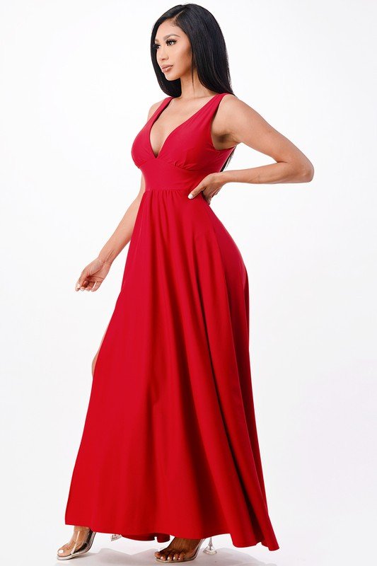 dull tricot deep V neck A line dress - Robbi & Angel