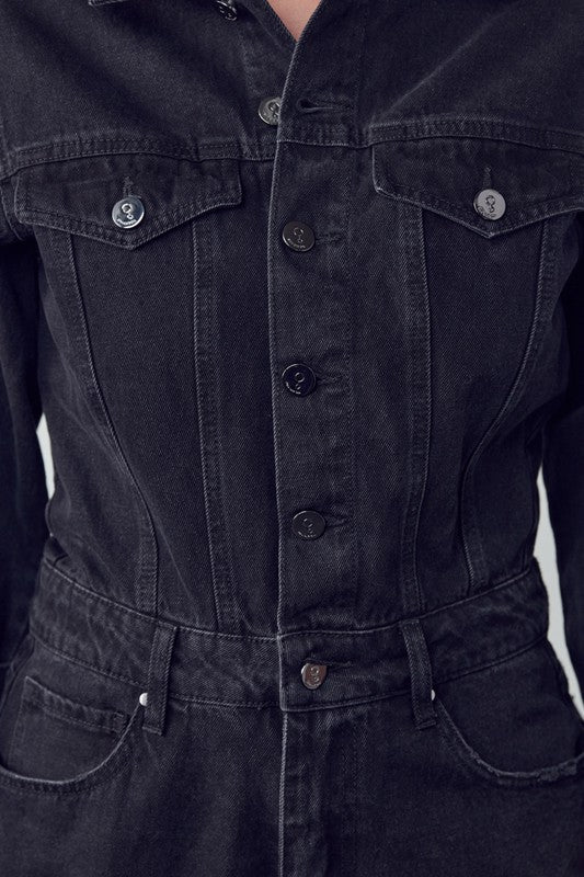 High Waist Flap Pocket Half Button Denim Jumpsuit - Robbi & Angel