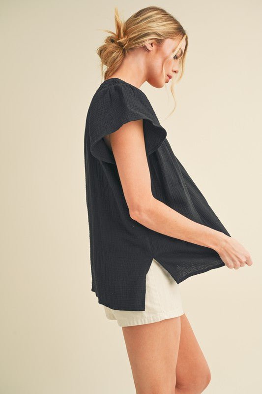 Aemi + Co Embroidered Trim Side Slit Notched Short Sleeve Blouse - Robbi & Angel