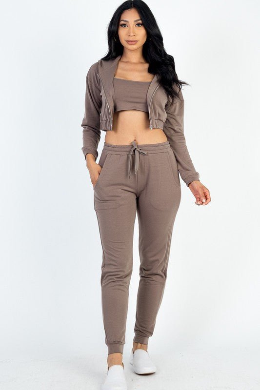 Cropped Cami with Zip - up Jacket and Joggers Set - Robbi & Angel