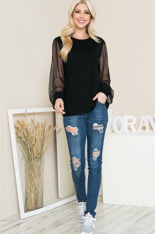 Mesh Dot Puff Sleeve Knit Top - Robbi & Angel