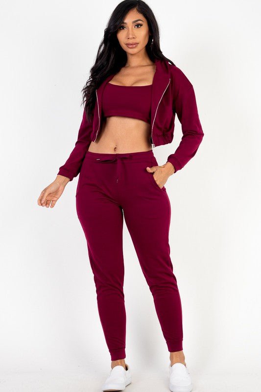 Cropped Cami with Zip - up Jacket and Joggers Set - Robbi & Angel