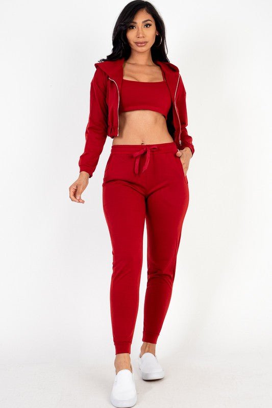 Cropped Cami with Zip - up Jacket and Joggers Set - Robbi & Angel