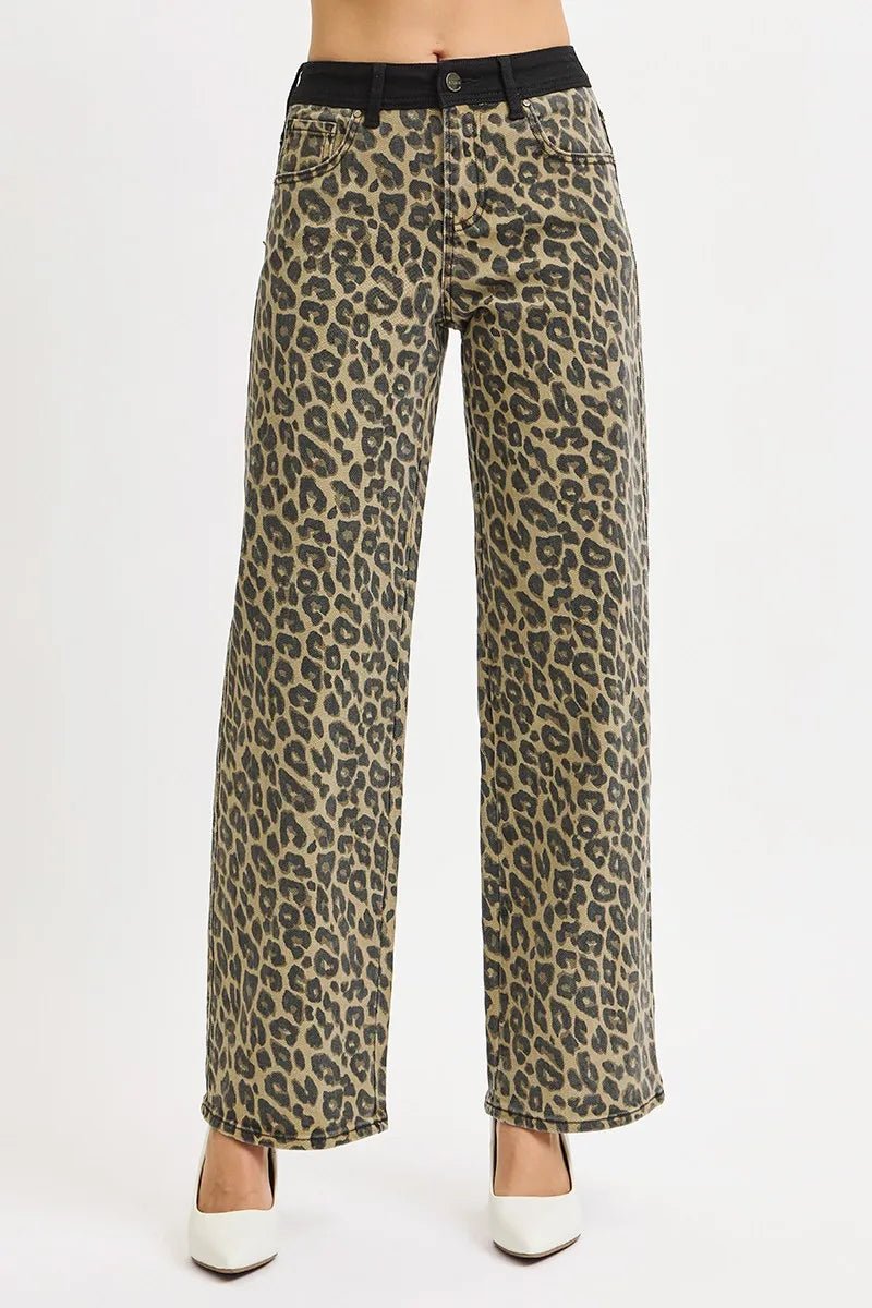 RISEN High Rise Wide Leg Leopard Printed Jeans with Contrast Waist Band Detail - Robbi & Angel