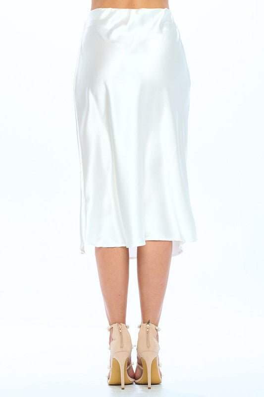 Solid Silky Stretch Satin Midi Skirt In White - Robbi & Angel