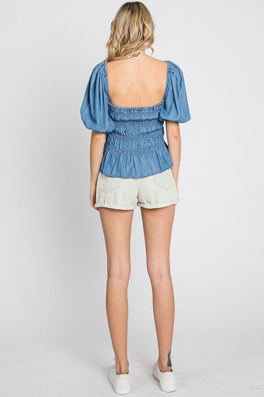 Denim Smocked Peplum Top - Robbi & Angel