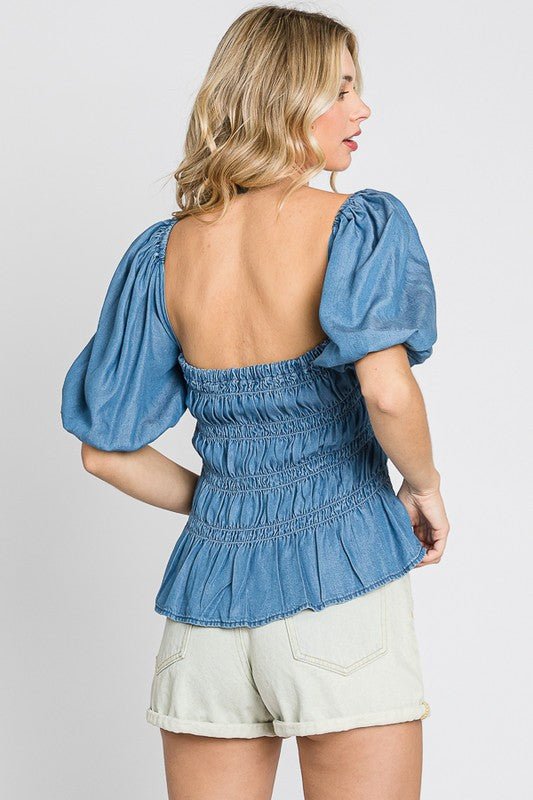 Denim Smocked Peplum Top - Robbi & Angel
