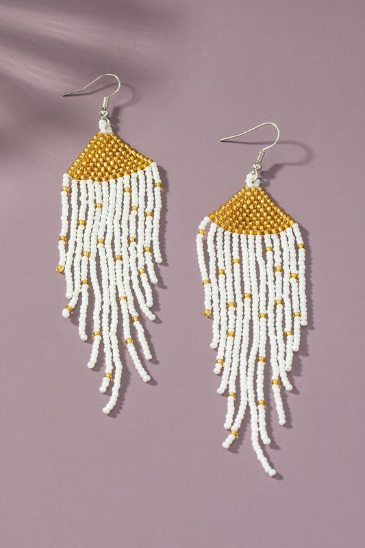Boho long Handwoven seed bead eagle earrings - Robbi & Angel