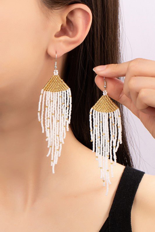 Boho long Handwoven seed bead eagle earrings - Robbi & Angel