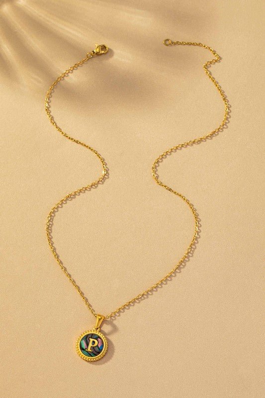 Brass abalone shell inlay initial pendant necklace