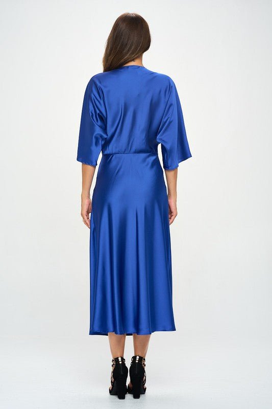 Satin Stretch Solid Dress with Front Twist In Blue - Robbi & Angel