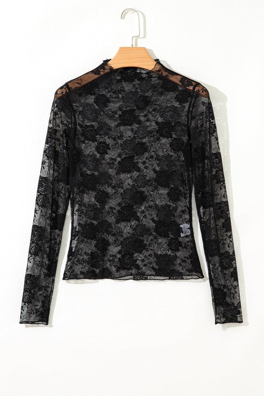 Floral Lace Sheer Mesh Long Sleeve Top - Robbi & Angel