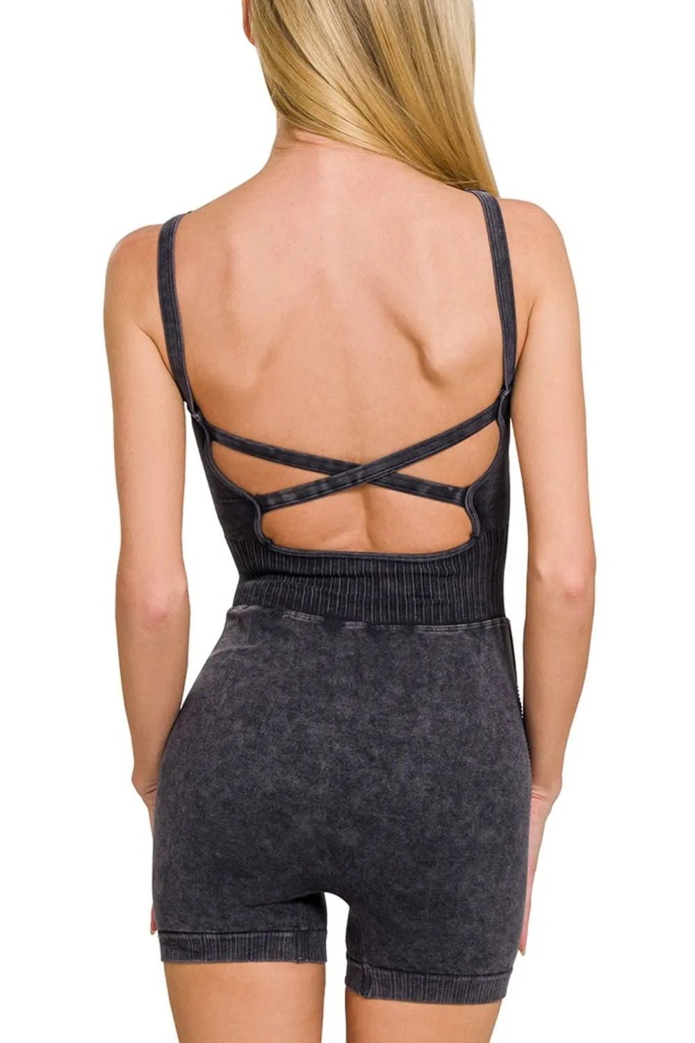 Zenana Washed Sports Romper With Removable Bra Pad - Robbi & Angel