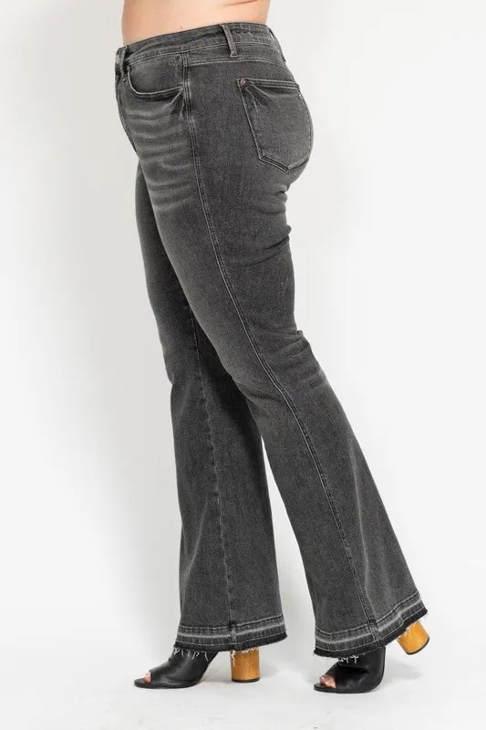 Judy Blue Full Size Mid Rise Tummy Control Washed Gray Release Hem Flare Jeans Plus Size - Robbi & Angel
