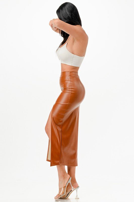 Faux Leather Skirt With High Front Slit