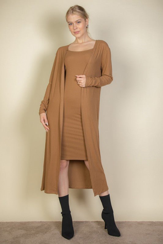 Ribbed Cardigan & Cami Midi Bodycon Dress - Robbi & Angel