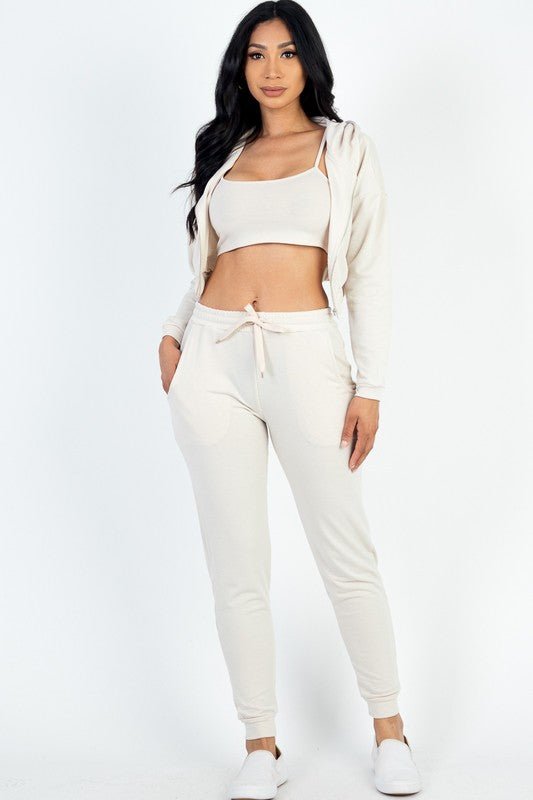 Cropped Cami with Zip - up Jacket and Joggers Set - Robbi & Angel