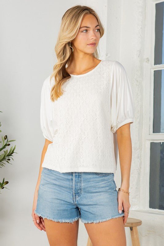 Lace Overlay Puff Sleeve Top - Robbi & Angel
