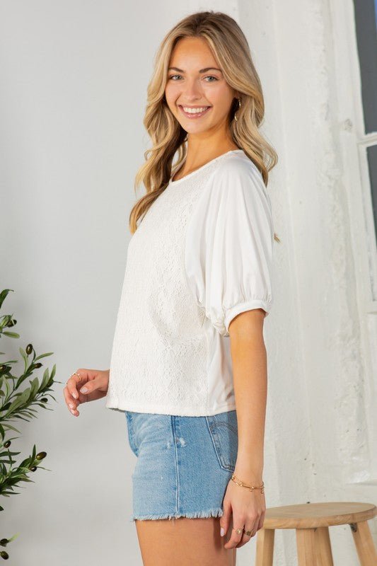Lace Overlay Puff Sleeve Top - Robbi & Angel