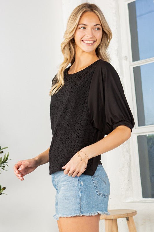 Lace Overlay Puff Sleeve Top - Robbi & Angel