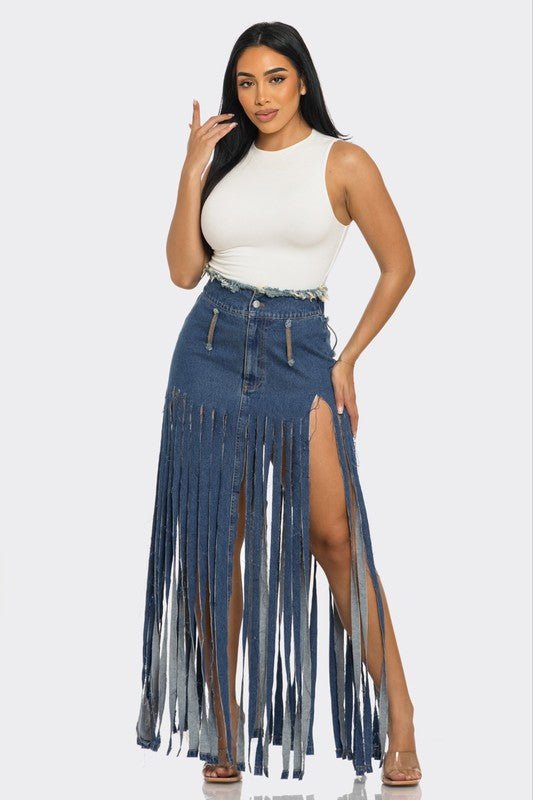 Bohemian Rhapsody Fringe Denim Skirt - Robbi & Angel
