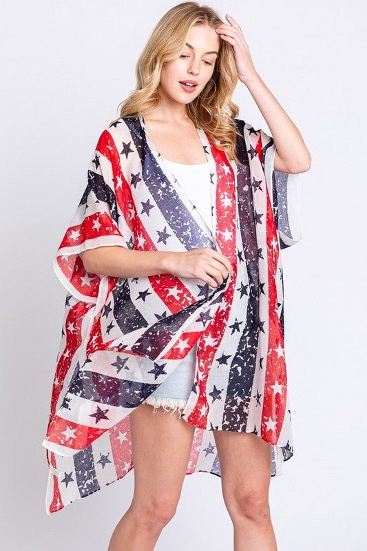 Distressed American Flag Mix Printed Light Kimono