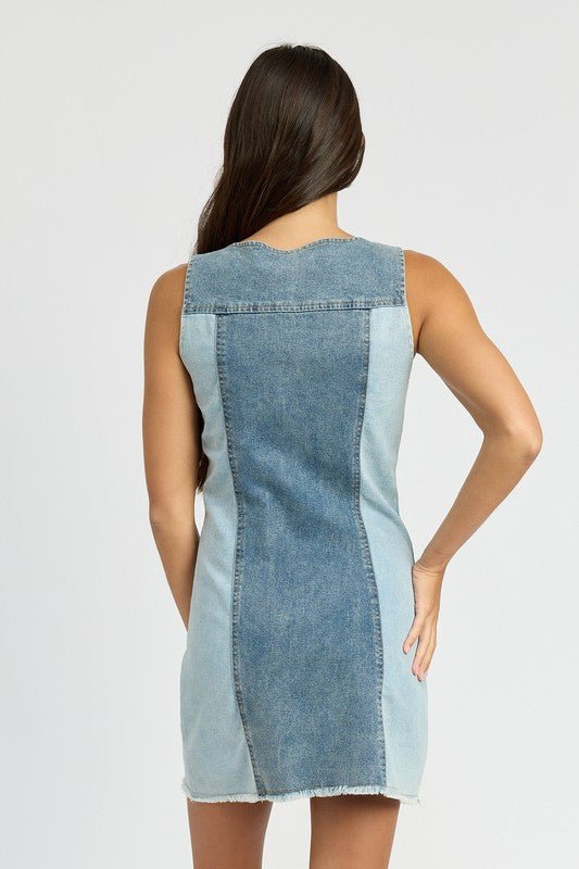 COLOR BLOCK DENIM MINI DRESS - Robbi & Angel