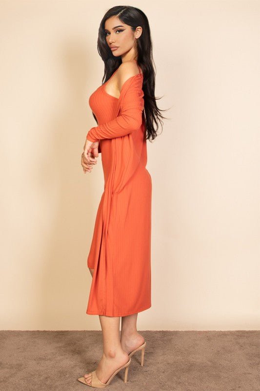 Ribbed Cardigan & Cami Midi Bodycon Dress - Robbi & Angel