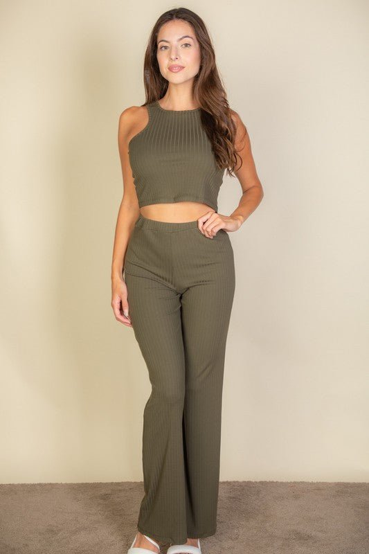 Ribbed Cropped Top and Bootcut Pants Sets - Robbi & Angel