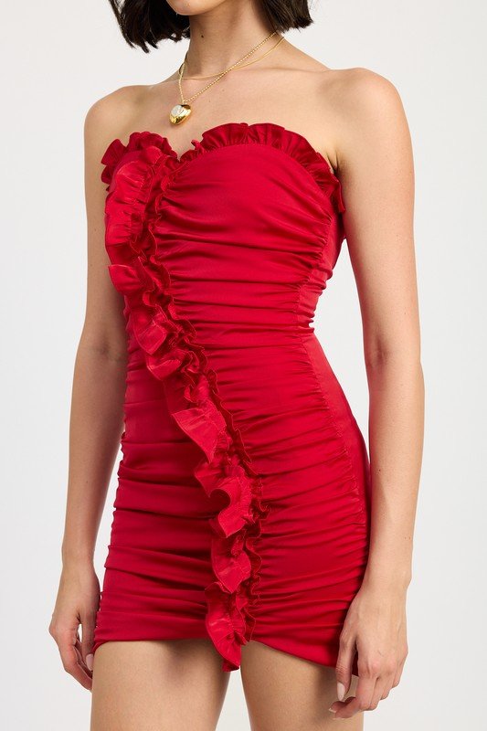 RUCHED RUFFLE MINI DRESS - Robbi & Angel
