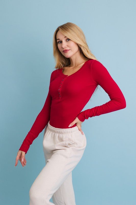Cotton Long Sleeve Ribbed Henley Top with Buttons - Robbi & Angel