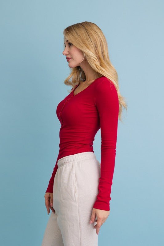 Cotton Long Sleeve Ribbed Henley Top with Buttons - Robbi & Angel