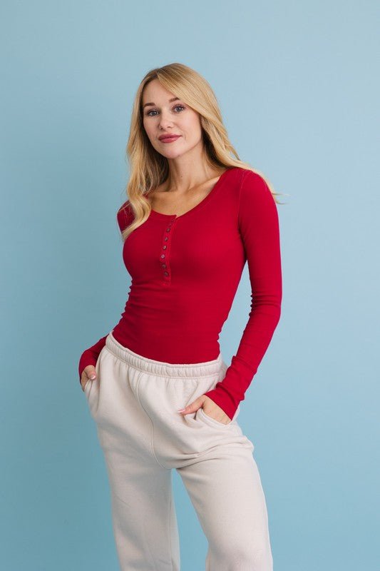 Cotton Long Sleeve Ribbed Henley Top with Buttons - Robbi & Angel