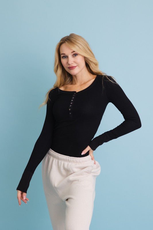Cotton Long Sleeve Ribbed Henley Top with Buttons - Robbi & Angel
