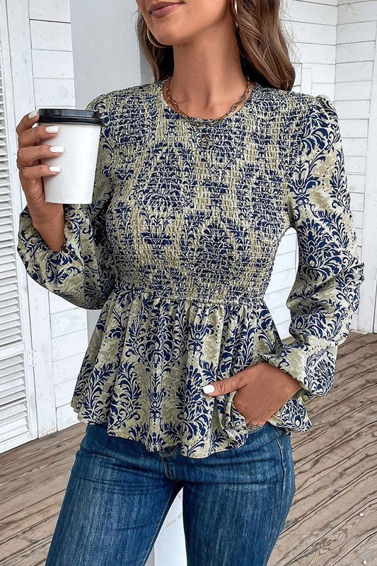 Boho Printed Balloon Sleeve Smocked Peplum Blouse - Robbi & Angel
