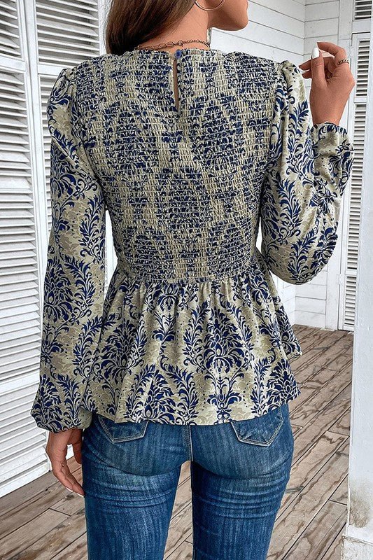 Boho Printed Balloon Sleeve Smocked Peplum Blouse - Robbi & Angel