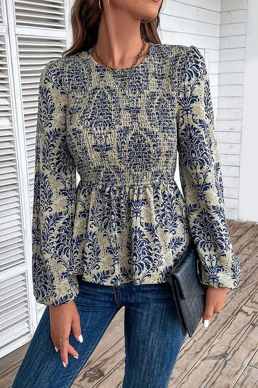 Boho Printed Balloon Sleeve Smocked Peplum Blouse - Robbi & Angel