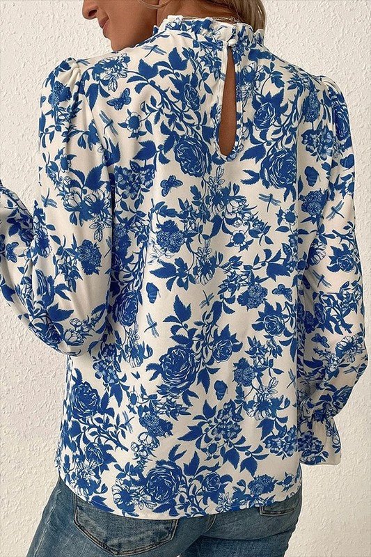 Women Floral Print Flounce Sleeve Keyhole Blouse - Robbi & Angel