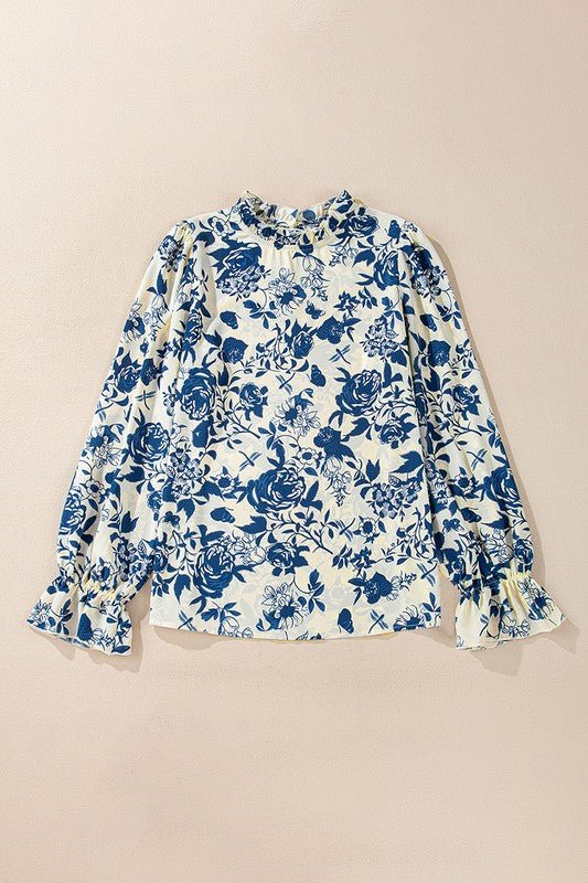 Women Floral Print Flounce Sleeve Keyhole Blouse - Robbi & Angel