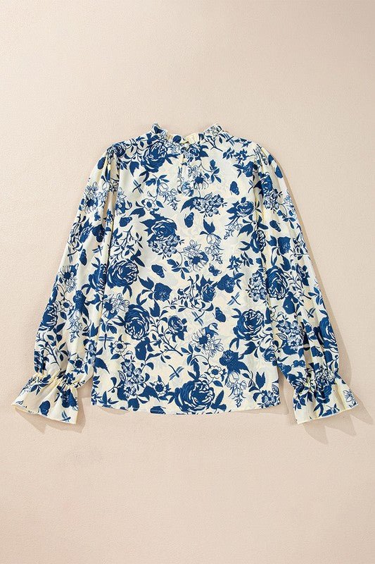 Women Floral Print Flounce Sleeve Keyhole Blouse - Robbi & Angel